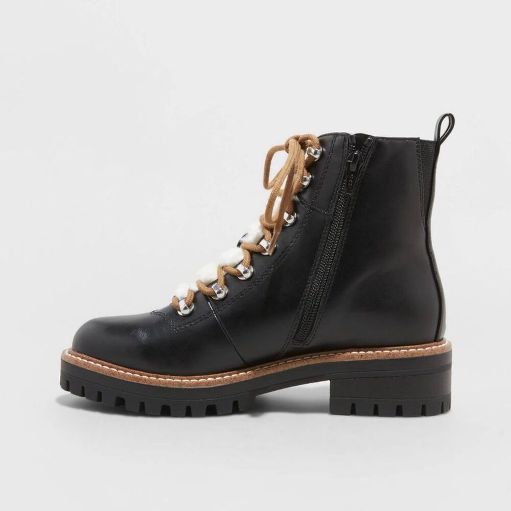 A New Day - Women's Faux Leather Fur Ankle Hiking Bo Black - Picture 2 of 4